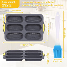 5X Silicone Pan, Hot Dog Bun Pan with Oil Brush,6 Gutter Nonstick French Bread Bake Mold