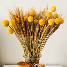 100 Unidades de Talos de Trigo Seco para DecoraçãO e 15 Hastes BotõEs de Bolas Amarelas, Flores Artificiais Outono Outono para DecoraçãO