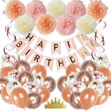 1 Set RoséGouden Verjaardagsfeestdecoraties met Gelukkige Verjaardagsbanner, Doe-Het-Zelf Taarttopper, Cirkelstippenslinger