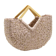 Quadratischer Holz Griff Halbmond Stroh Tote Tasche Damen Designer GroßE KapazitäT Woven Strand Tasche Damen BöHmen Hand Tasche C