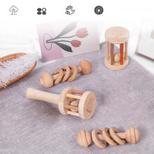Infant Beech Solid Wood Stroller Toy Early Childhood Education Trolley Hand Rattle Early Education Wooden Comfort Toy B