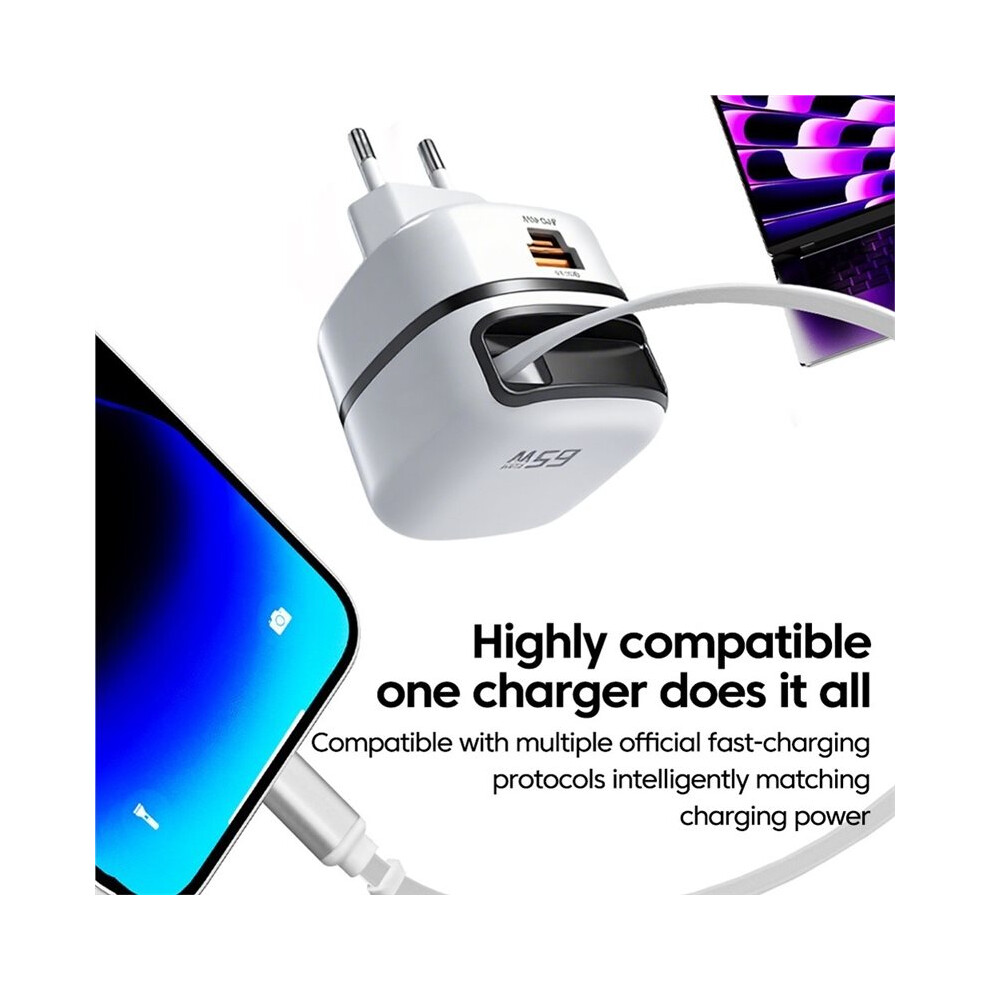 65W Universal Travel Charger With Retractable Usb-C Cable For Fast Charging, For 16 And Laptops Eu Plug 4712233933128