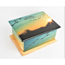 Sunset Birds Wooden Cremation Urn for Adult Ashes Personalised Engraved Memorial Casket Box with Teak Wood Base & Secure Screw Closure