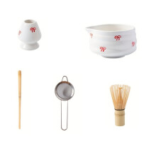 5 Pieces of White Decal Ceramic Matcha Set, Set Includes Matcha Bowl, Matcha Mixer and Holder, Bamboo Spoon, Sieve