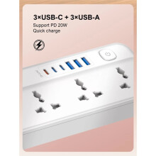 LDNIO Stekkerdoos met 6 USB-Poorten (Snellader) en 2 Meter Dik Netsnoer (Type C), Hoge Capaciteit, Overspanningsbeveiliging, Multi-Tap Stopcontact,