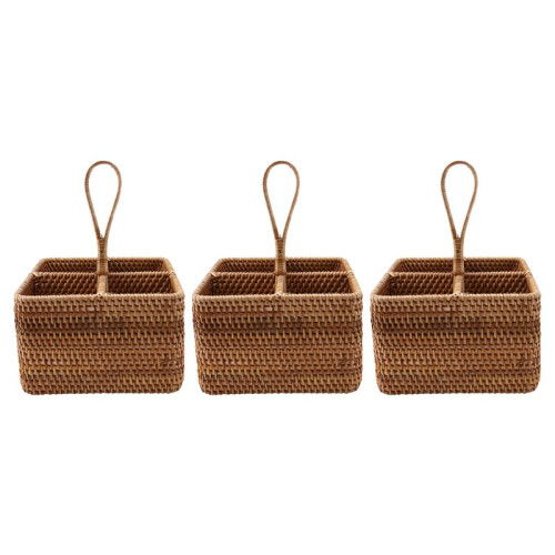 3X Hand-Woven Wicker Straw Storage Basket Portable Four Compartment Classification Storage Fruit Basket Home Storage C