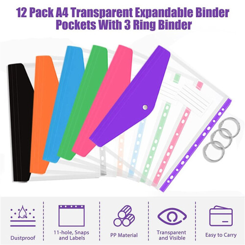 60 Pcs A4 Binder Pocket Expandable Envelopes Clear Plastic Envelopes for Ring Binder Folder, Snap Button 2