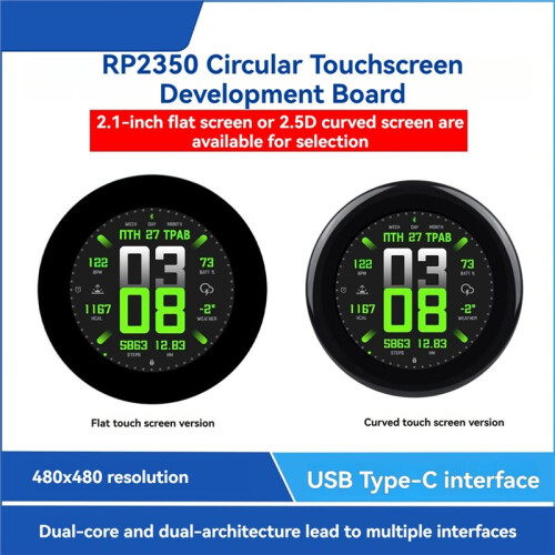 Waveshare RP2350 2.1inch Touchscreen Development Board 480x480 Resolution LVGL HMI Development USB Type-C Port 6-Axis Sensor A 2