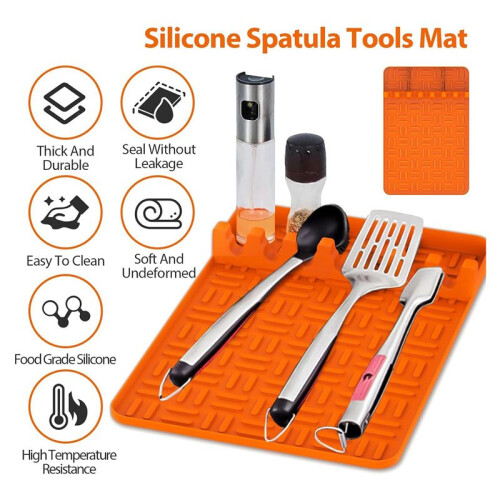 Silicone Griddle Tools Mat ,Spatula Mat with Drip Pad,Side Shelf Mat Grill Utensils Holder Griddle Accessories 2