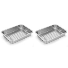 2X Bandeja de Acero Inoxidable para Asar Pavos - Bandeja Resistente para Asar Pavos con Rejilla y Asa para Horno, Ideal para Pollos.