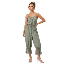 (S, Army Green) Women Summer Jumpsuit V Neck Sleeveless Spaghetti Strap Lace Patchwork Drawstring Waist Overalls