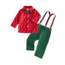 (2-3 Years, Red) Kids Boys Christmas Outfit, Long Sleeve Candy Cane Print Shirt with Suspender Pants 2-piece Outfit