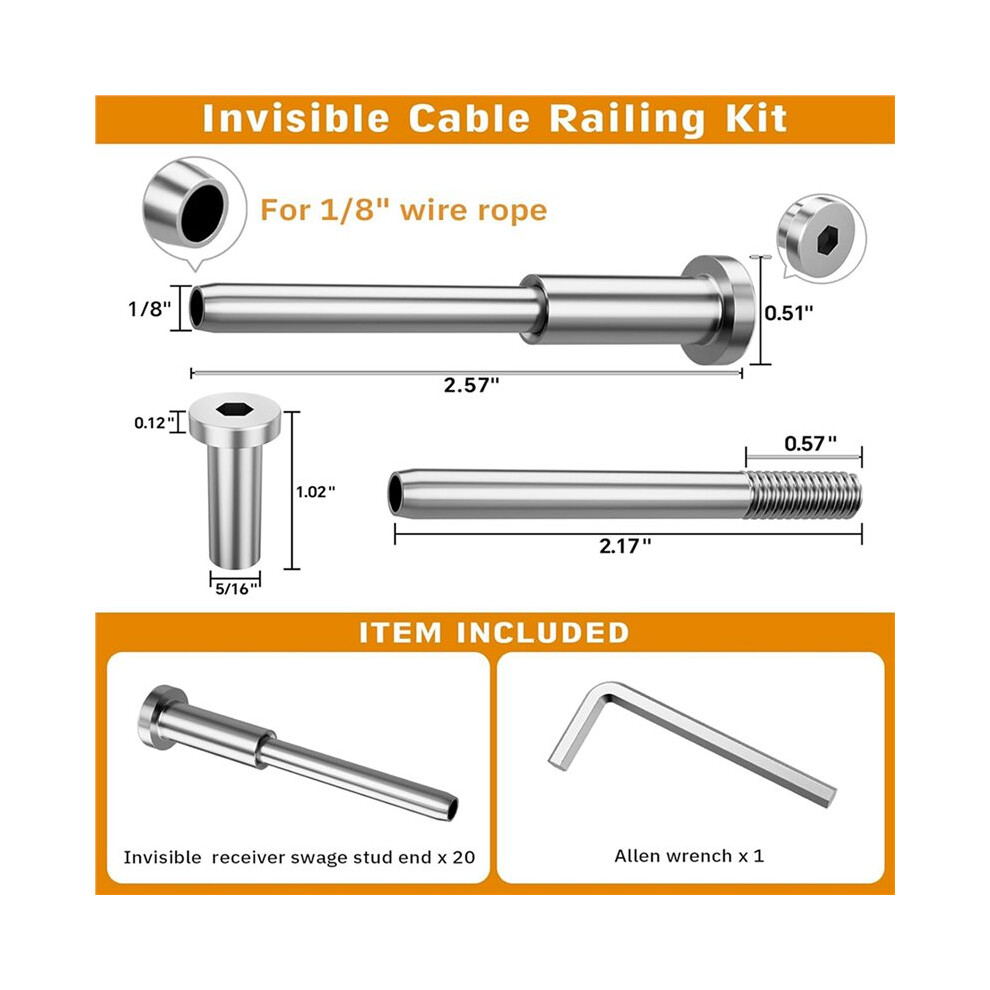 Invisible Cable Railing Kit -40Pcs 1/8In T316 Stainless Steel Invisible Receiver Swage Stud End For 2In X 2In Metal Post 4712228347046