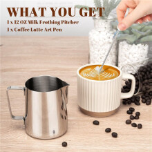 2X 12Oz Milk Frothing Pitcher Cappuccino Espresso Machine Accessories with Latte Pen Clear Scale for Home, Bar & Cafes