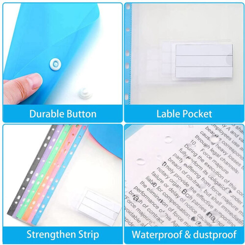 72 Pack A4 Punched Pockets Plastic Wallets - 11 Holes Expandable Binder Pocket Envelope File Folders