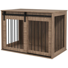 Hundebox aus Holz mit abschließbarer Tür, rustikales Design, Walnuss + Schwarz, 98 x 58 x 67 cm