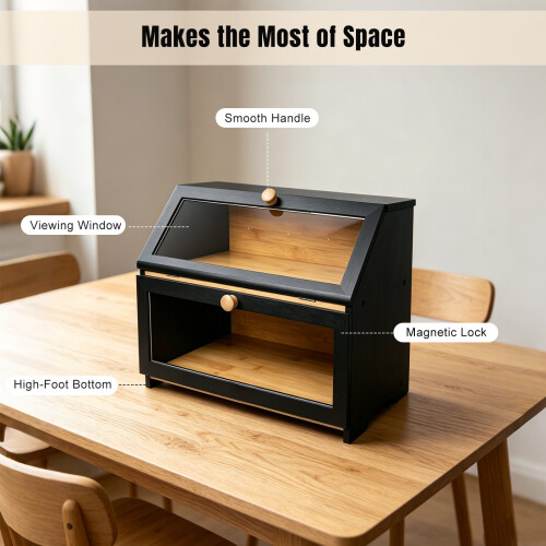 Double Decker Bamboo Bread Bin 2-Layer Bread Box Kitchen Storage Box with Lid for Freshness 2