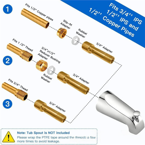 Adattatore per Beccuccio Vasca, Compatibile con Tubi IPS da 3/4" e 1/2", per Tubi In Rame da 1/2", Kit per Modelli con e Senza Deviatore. 1