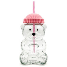 Gobelet Ours en Verre, avec Paille, 500 Ml, Réutilisable, avec Couvercle, Idéal pour le Café Glacé, le Thé au Lait et les Cocktails.