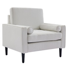 Mid-Century Beige Linen Tufted Accent Armchair 83x73x81cm, Solid Wood Frame with Detachable Black Wooden Legs Single Sofa