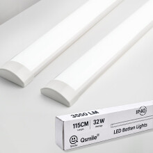 Qsmile 2-Pack LED Batten Light 4ft 115cm, Integrated PC Insulation Body, 32W 6500K Bright Cold White LED Tube Lights, Easy to Install for Offices, Wa
