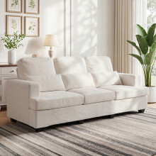 Beige Chenille 3-Seater Sofa 226x87x93cm, Upholstered Living Room Couch with Pillows, Iron & Plastic Legs