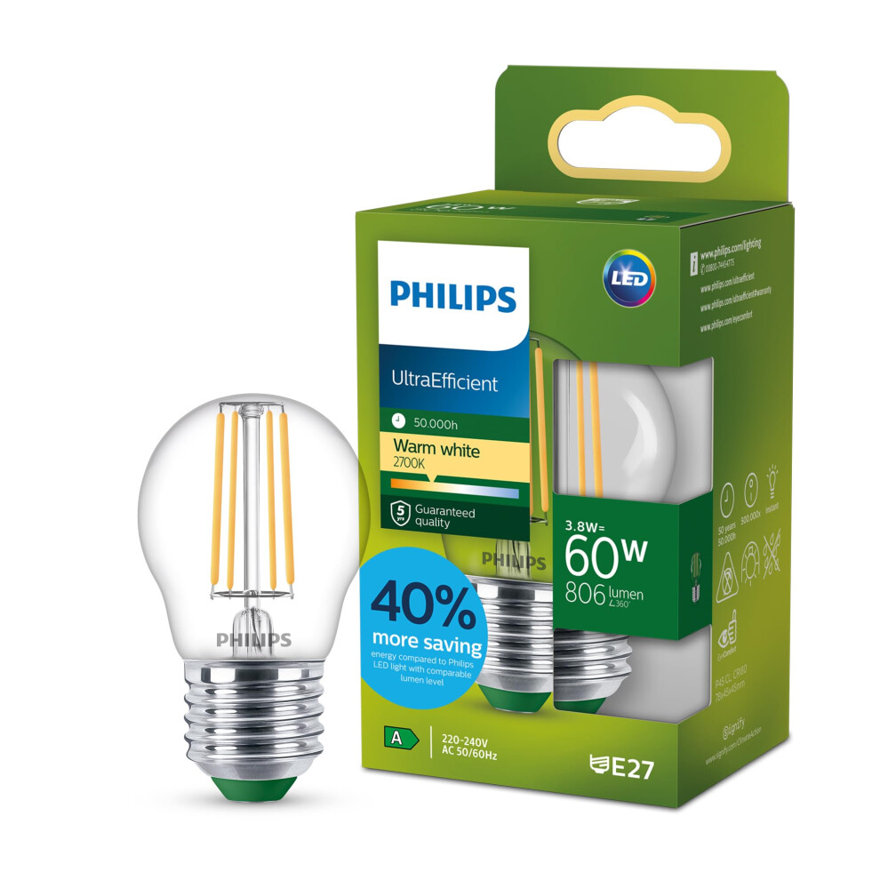 Philips Led Ultraefficient Clear P45 Filament Bulb, E27 Edison Screw, Energy Class A, 806 Lm, 60W Equivalent, Warm (2700K), Eyecomfort, 50,000 White