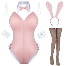 (M (40-55kg), Pink) Womens Bunny Costume Girl Suit Senpai Cosplay Anime Role Costume One Piece Bodysuit Stockings Set