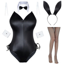 (XXL (65-70kg), Black) Womens Bunny Costume Girl Suit Senpai Cosplay Anime Role Costume One Piece Bodysuit Stockings Set