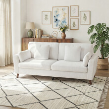 White Chenille 2-Seater Loveseat Sofa 220x81x91cm, Upholstered Couch with Pillows, Solid Wood Frame & Painted Wooden Legs