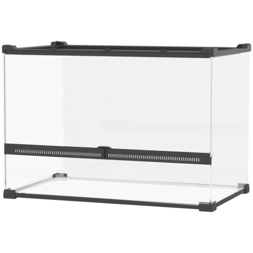 Terrario de cristal para reptiles con base elevada impermeable y cierre de botón.