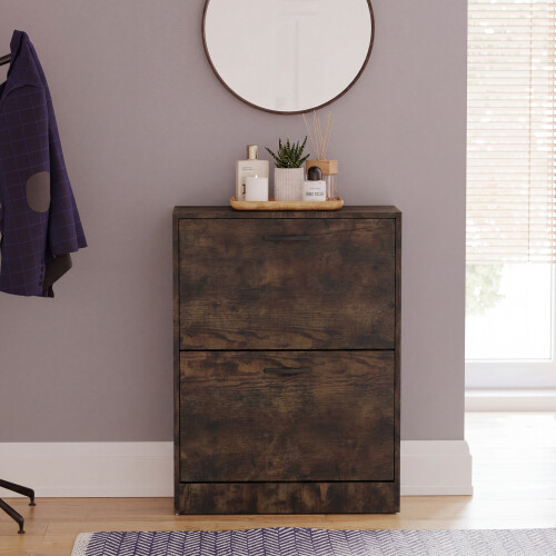Vida Designs (Dark Wood) 2 Drawer Shoe Cabinet Pull Out Hallway Storage 1