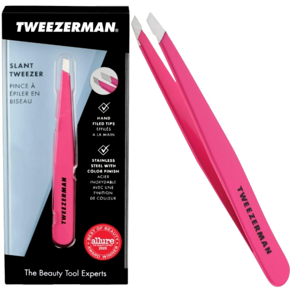 Tweezerman Pink Neon Slant Tweezer, Professional Stainless Steel Precision Tweezers For Facial Hair And Eyebrows, (Pack Of 1)