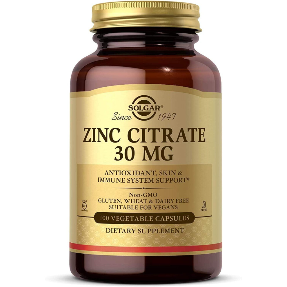 Solgar Zinc Citrate 30Mg - Healthy Skin, Hair & Nails - Antioxidant - Healthy Brain Function - Vegan - 100 Vegetable Capsules