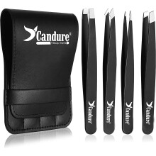 Candure Tweezers for Eyebrows - Professional Stainless Steel Slanted and Pointed Tip Hair Tweezers Set for Ingrown Hair, Blackhead Removal, Eyebrows