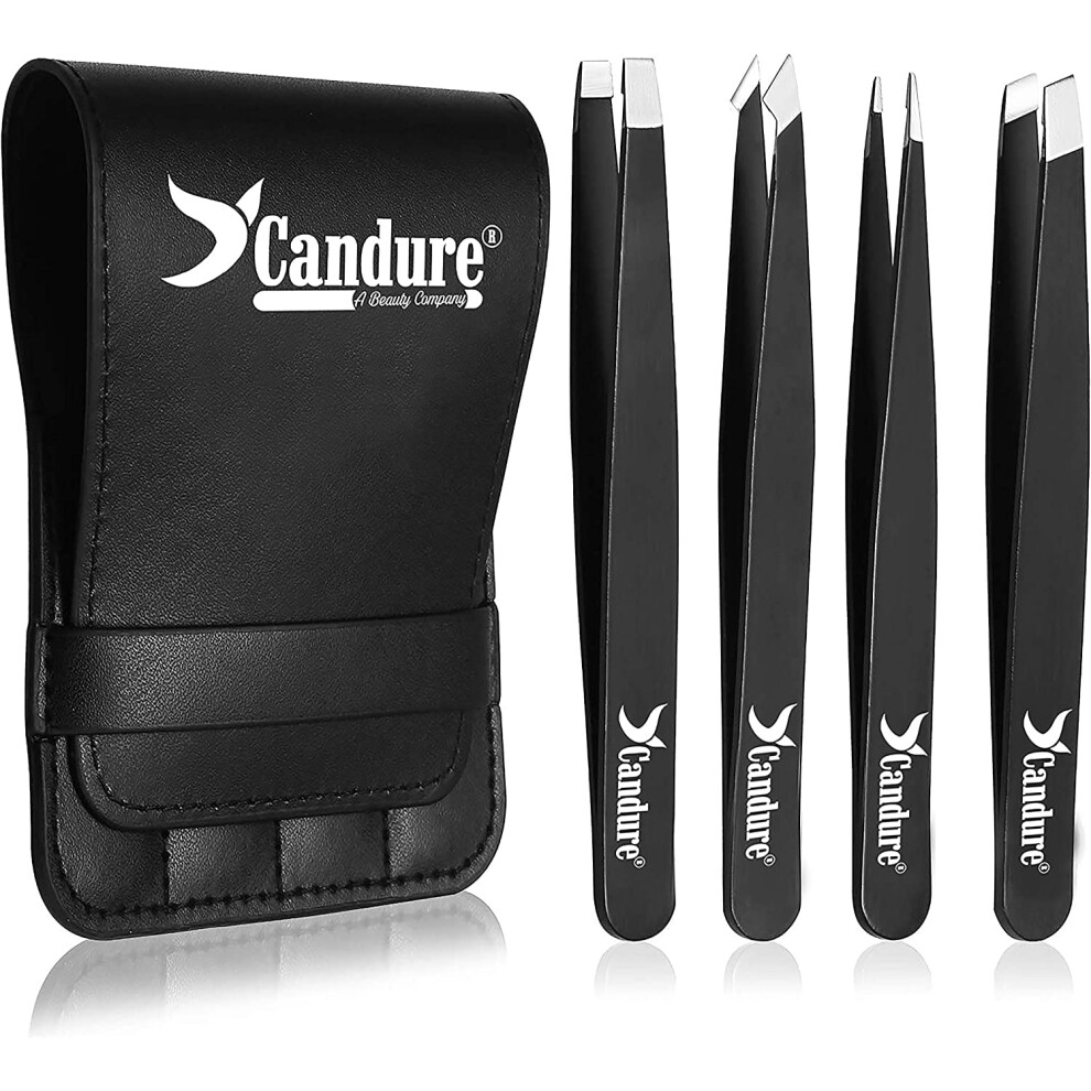 Candure Tweezers For Eyebrows - Professional Stainless Steel Slanted And Pointed Tip Hair Tweezers Set For Ingrown Hair, Blackhead Removal, Eyebrows