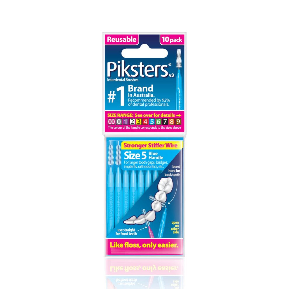 Piksters Interdental Brushes, 10 Pk, Size 5, Interdental Tooth Brush For Large Gaps, Gum Soft Bristles For Plaque Removal, Safe For Braces