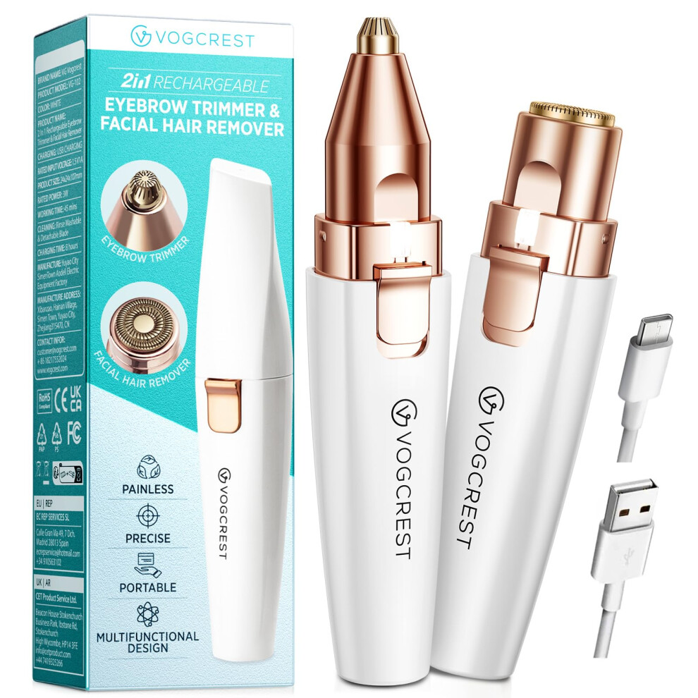 Vg Vogcrest Eyebrow Facial Trimmer: 2 In1 Rechargeable Facial Hair Removal And Eyebrow Shaver - Face Lips Body Painless Facial Razor With Built-In Le