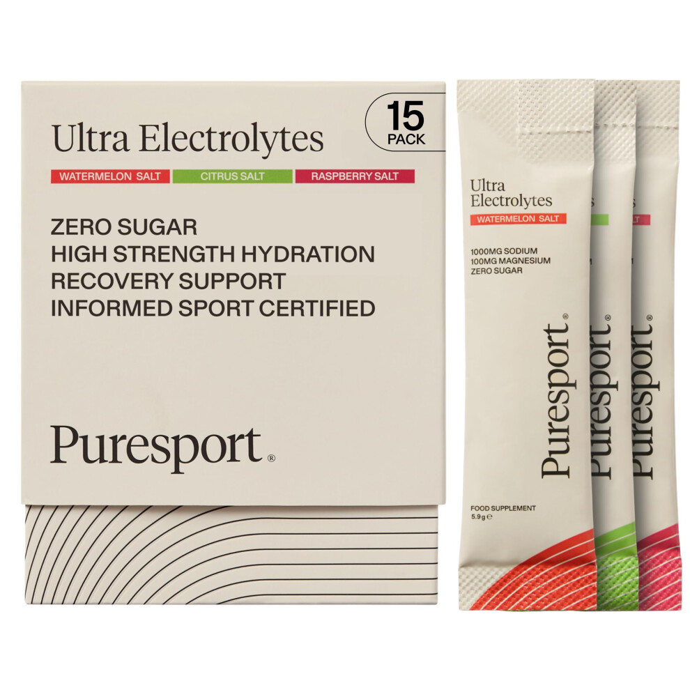 Puresport Ultra Electrolytes Hydration Variety Pack (15 Pack) Watermelon, Citrus & Raspberry Salt Powder Sachet Flavours, Sugar-Free, Optimise Hydrat