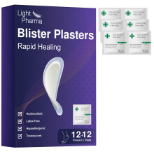 Light Pharma Blister Plasters for Feet, 12 Hydrocolloid Plasters for Blister Treatment & Prevention, Latex-Free, Translucent and Hypoallergenic (12 H
