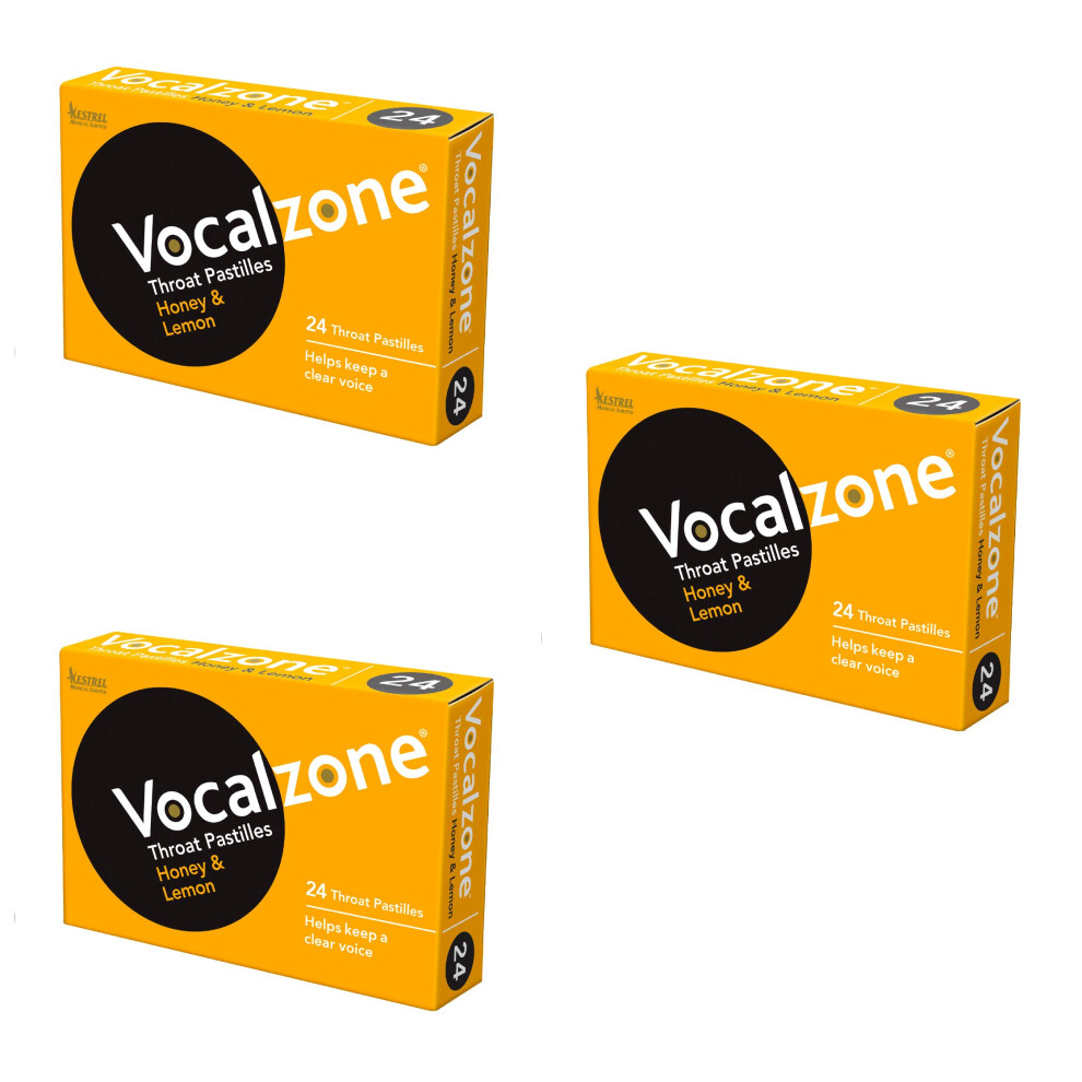 Vocalzone Throat Pastilles Honey & Lemon 3 Packs 24 - For Singers & Hard-Working Voices. Produced And Sold In The United Kingdom Since 1912.