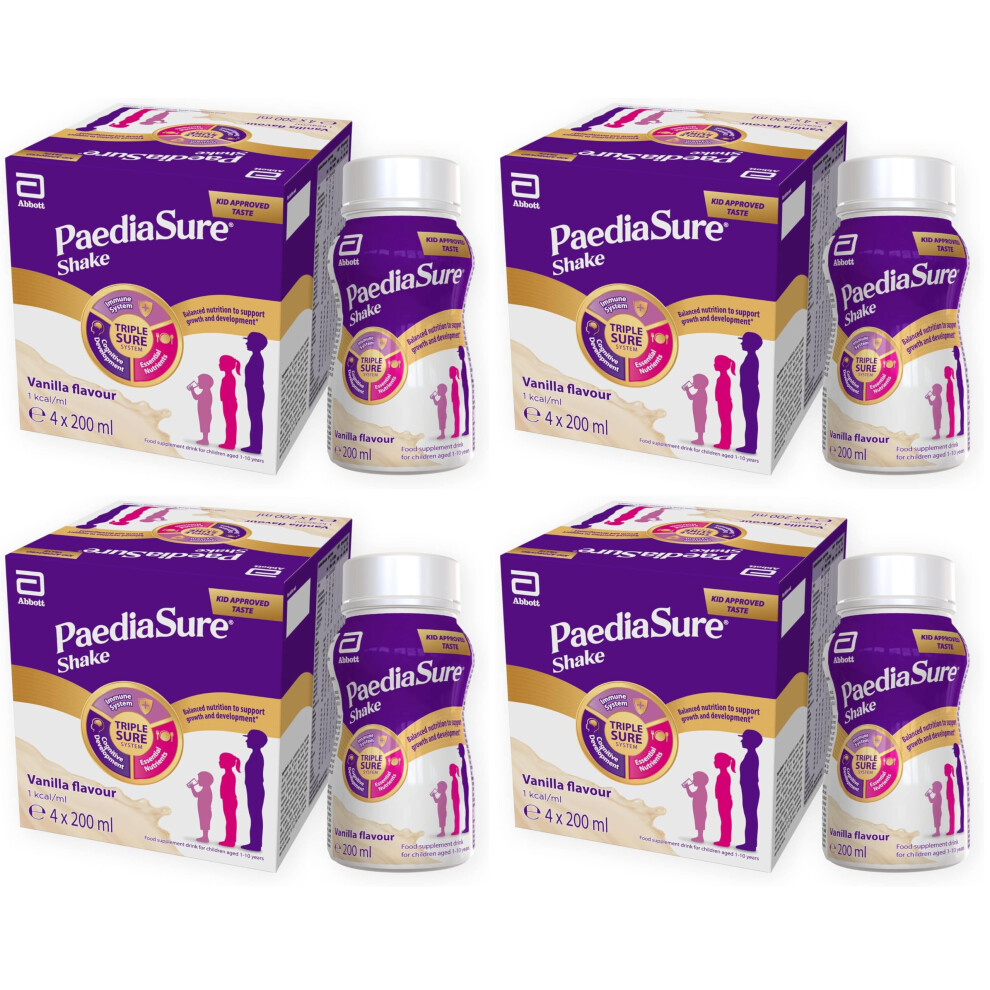 Pediasure Paediasure Shake Ready-To-Drink Bottles, 4 X 200Ml, Vanilla Flavour, Supplement For Kids With 26 Vitamins & Minerals, Vitamin D, Iron & Protein, Supp