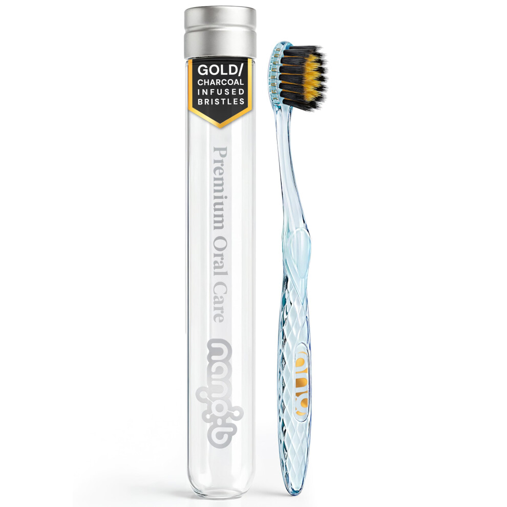 Nano-B Manual Toothbrush For Adults With Sensitive Gums, Gold & Charcoal Soft/Medium Bristles, Travel Case, Blue