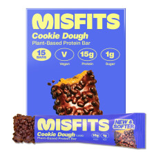 Misfits Vegan Protein Bar - Cookie Dough | Sports Nutrition Bars - 15 grams Protein | 1 gram Sugar | Plant-Based, Low Carb, High Fibre | No Palm Oil