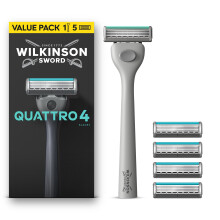 Wilkinson Sword Quattro Razors for Men, Value Pack, Diamond Coated 4 Blades, Men's Shaver Razor Handle plus 5 Blade Refills