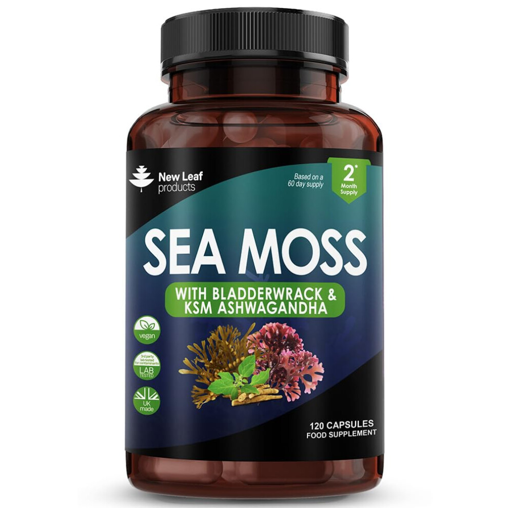 New Leaf Products Sea Moss Complex - Pure Irish Sea Moss Capsules With Bladderwrack & Ksm Ashwagandha - High Strength Seamoss Capsule - 120 Fill Vegan Irish Seamoss Ca