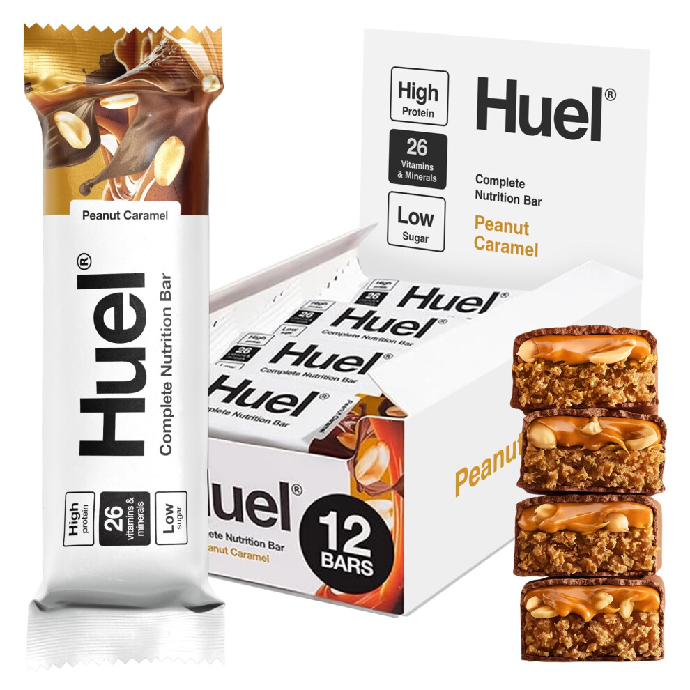 Huel Complete Nutrition Bar, 12 X 55G Bars, Peanut Caramel, High Protein Bar, Plant-Based Protein Bars, Low Sugar, High Fibre, High-Protein Snack Wit