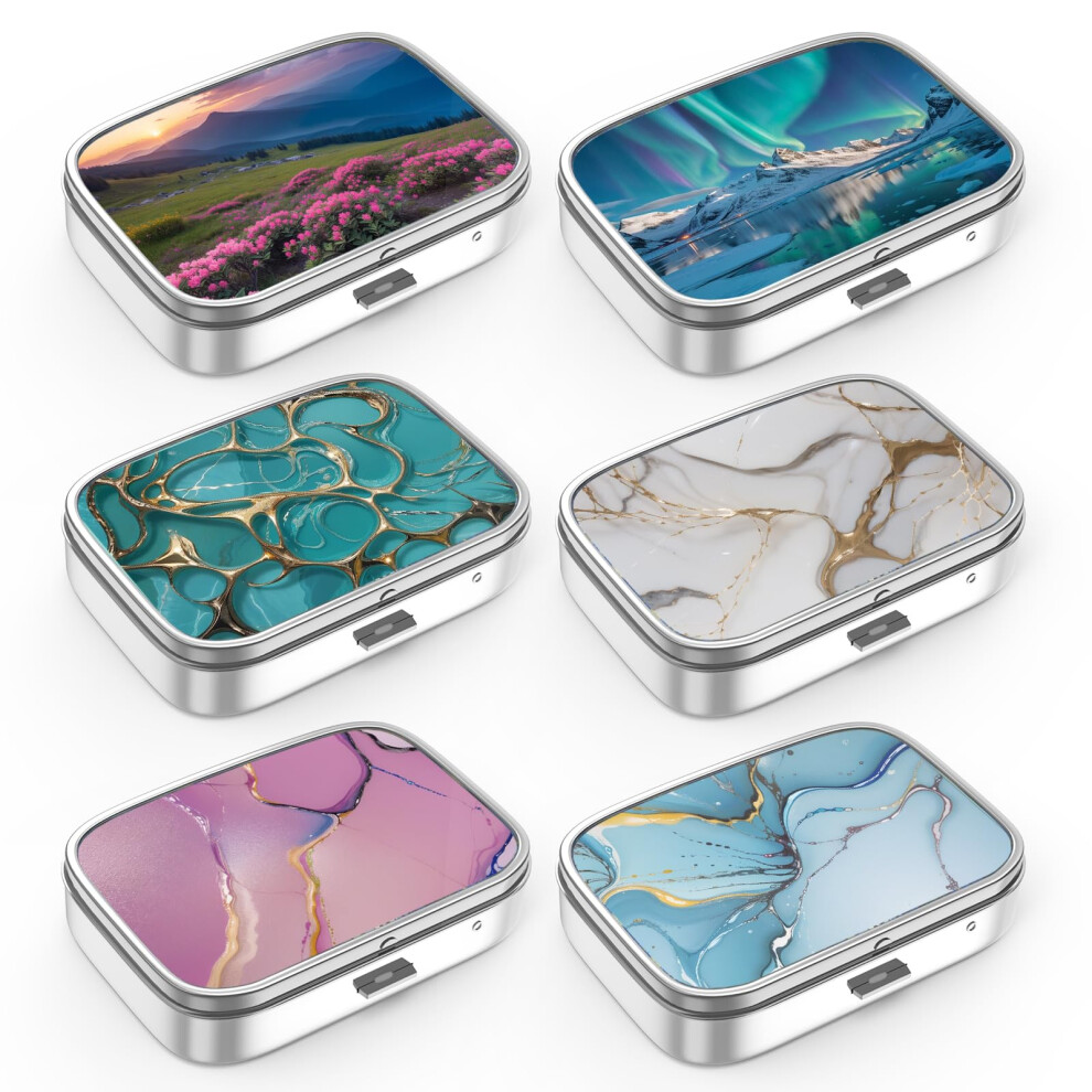 Hion Pill Box 2 Compartment Medicine Pill Case,Portablefor Pocket Or Purse Pill Box Decorative Metal Medicine Vitamin Organizer Unique Gift (Set-6-Style2,