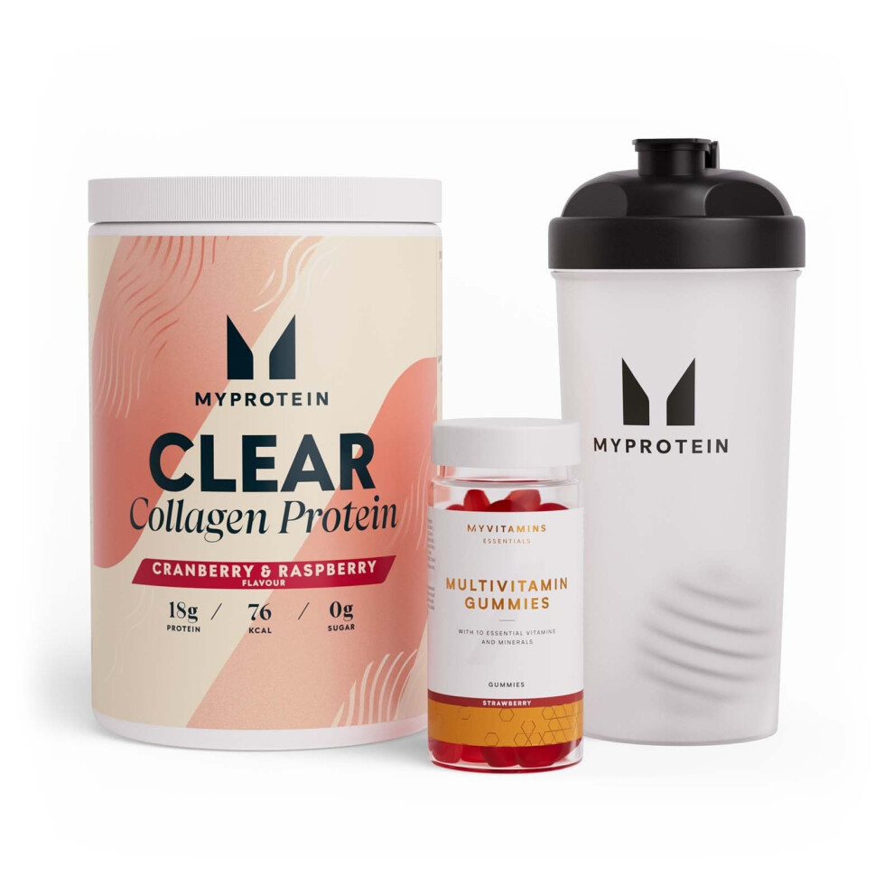 Myprotein Clear Collagen & Multivitamin Gummies Bundle – Cranberry & Raspberry Clear Collagen Protein Powder + Strawberry Multivitamin Gummies + Sha