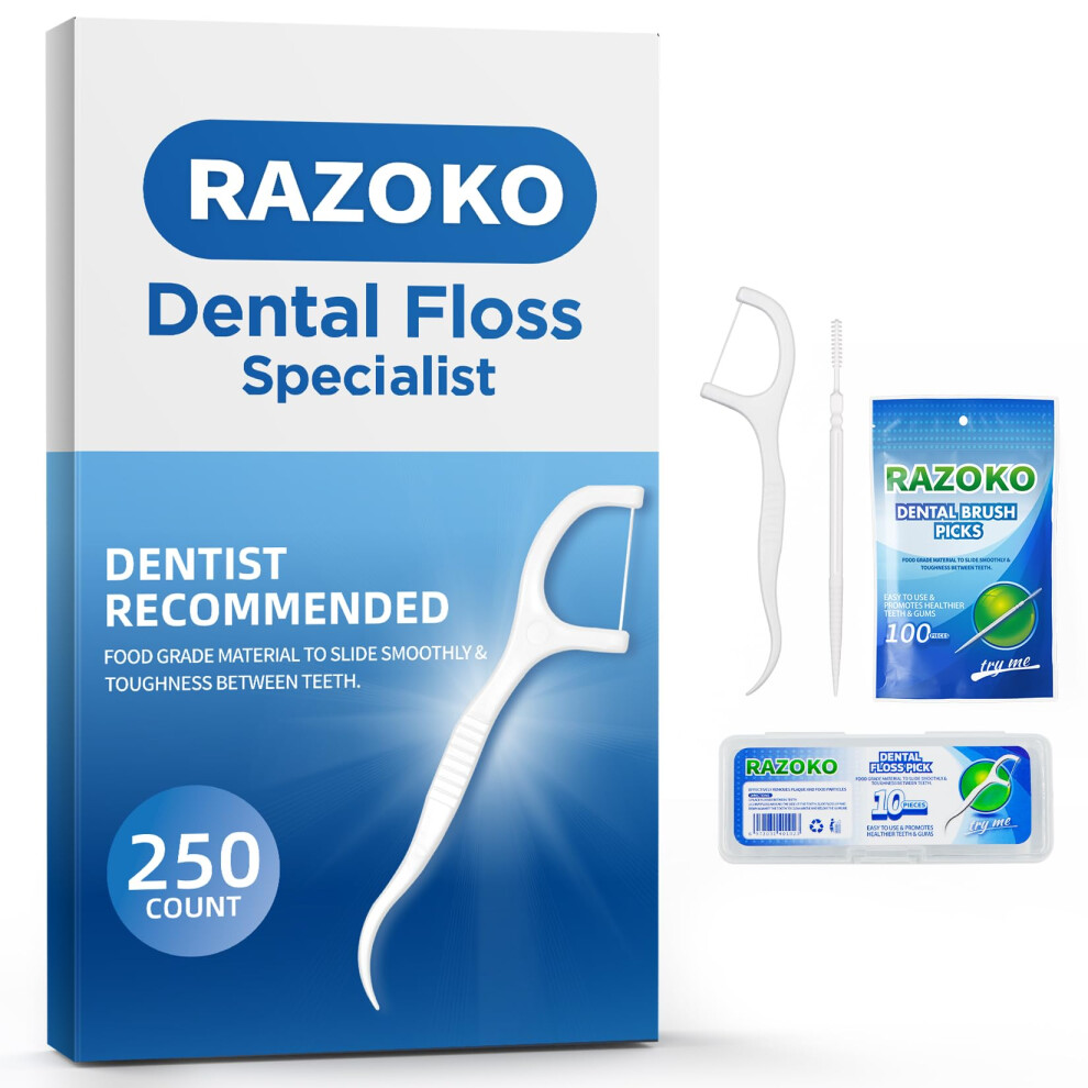 Razoko Dental Floss Picks High Toughness Toothpicks Sticks 250Pcs With Portable Cases And 100Pcs Brushpicks Interdental Toothpicks Perfect For Travel